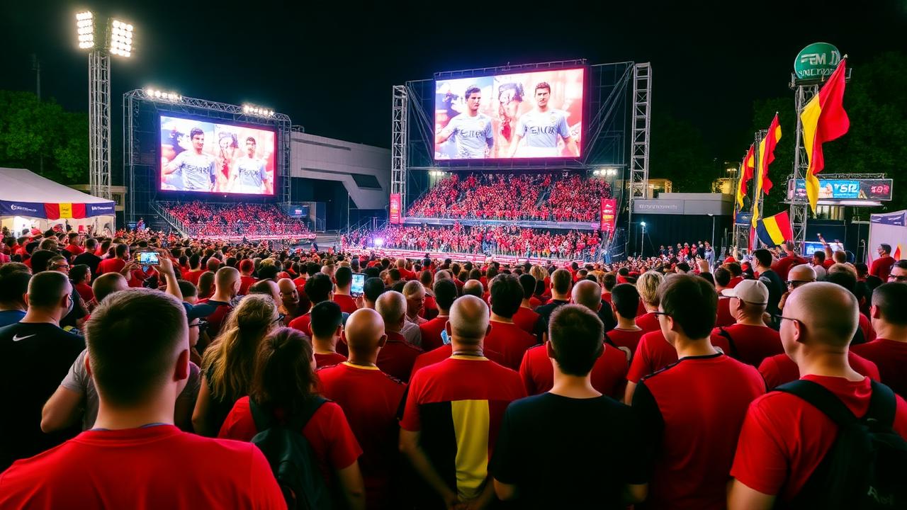 แฟนบอลเบลเยียมในแฟนโซนกลางแจ้งดูบอลโลกบนจอใหญ่ยามค่ำคืน